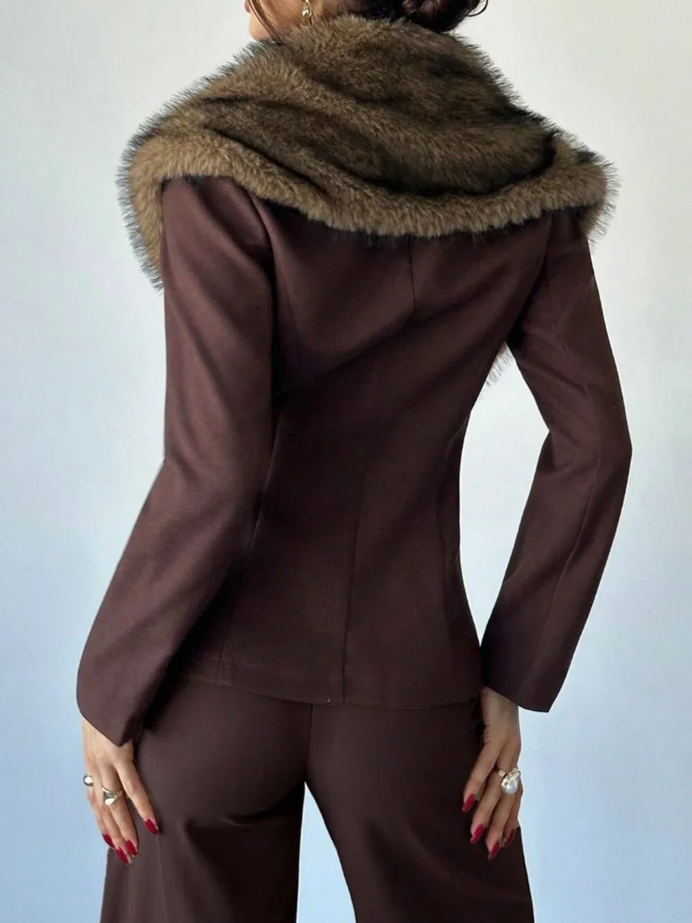Brown Casual Women's Faux Fur Collar Waist Cinched Long blazer jacket